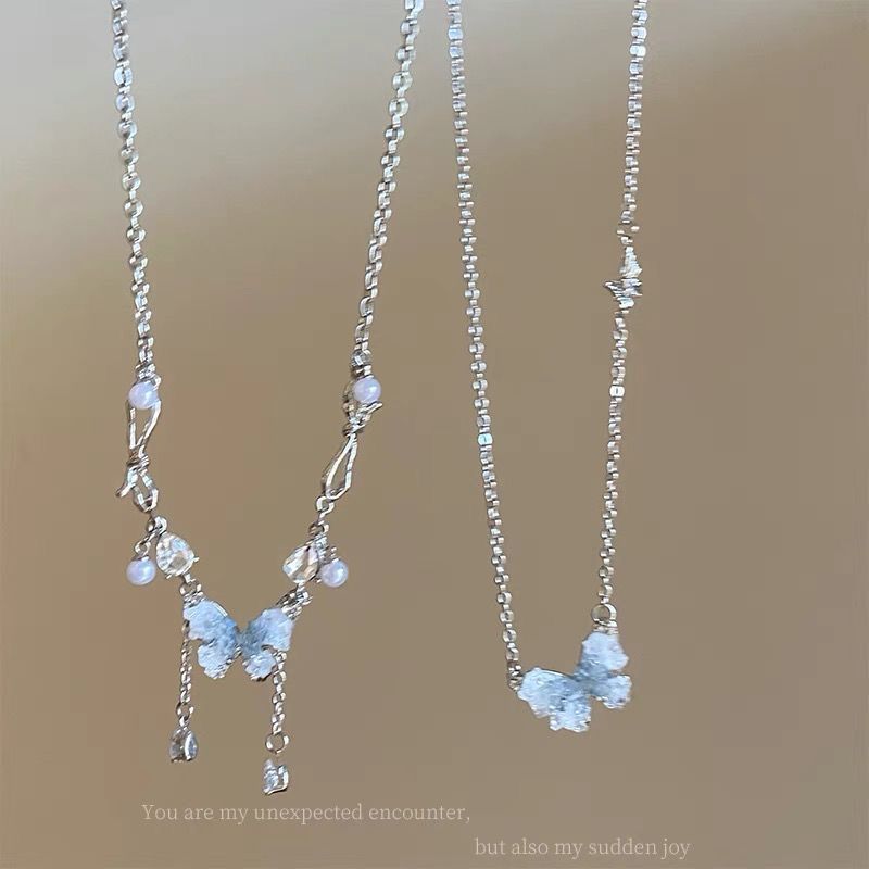 Wholesale Ice Crystal Gradient Pearl Butterfly Tassel Necklace Clavicle Chain